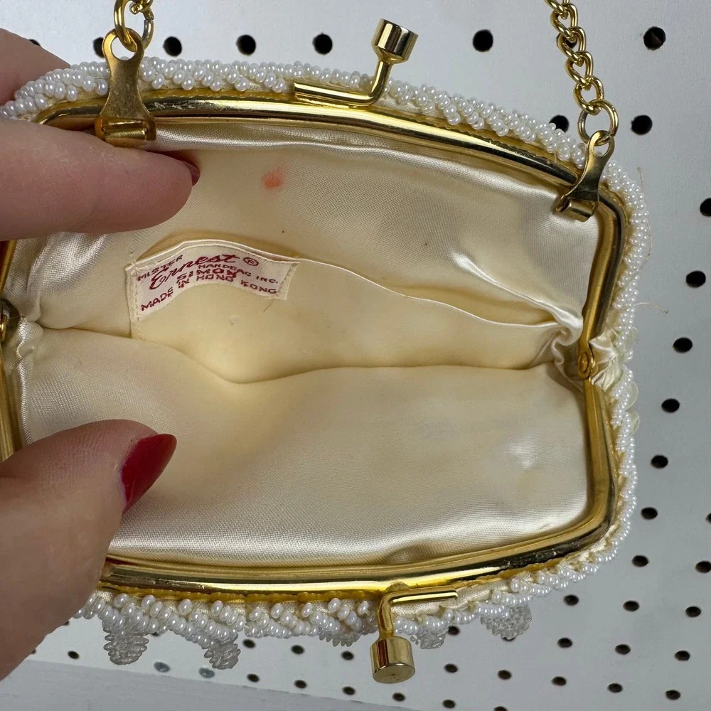 Vtg 1960s Hong Kong Beaded Sequin‎ Evening Bag White Iridescent Bridal Purse